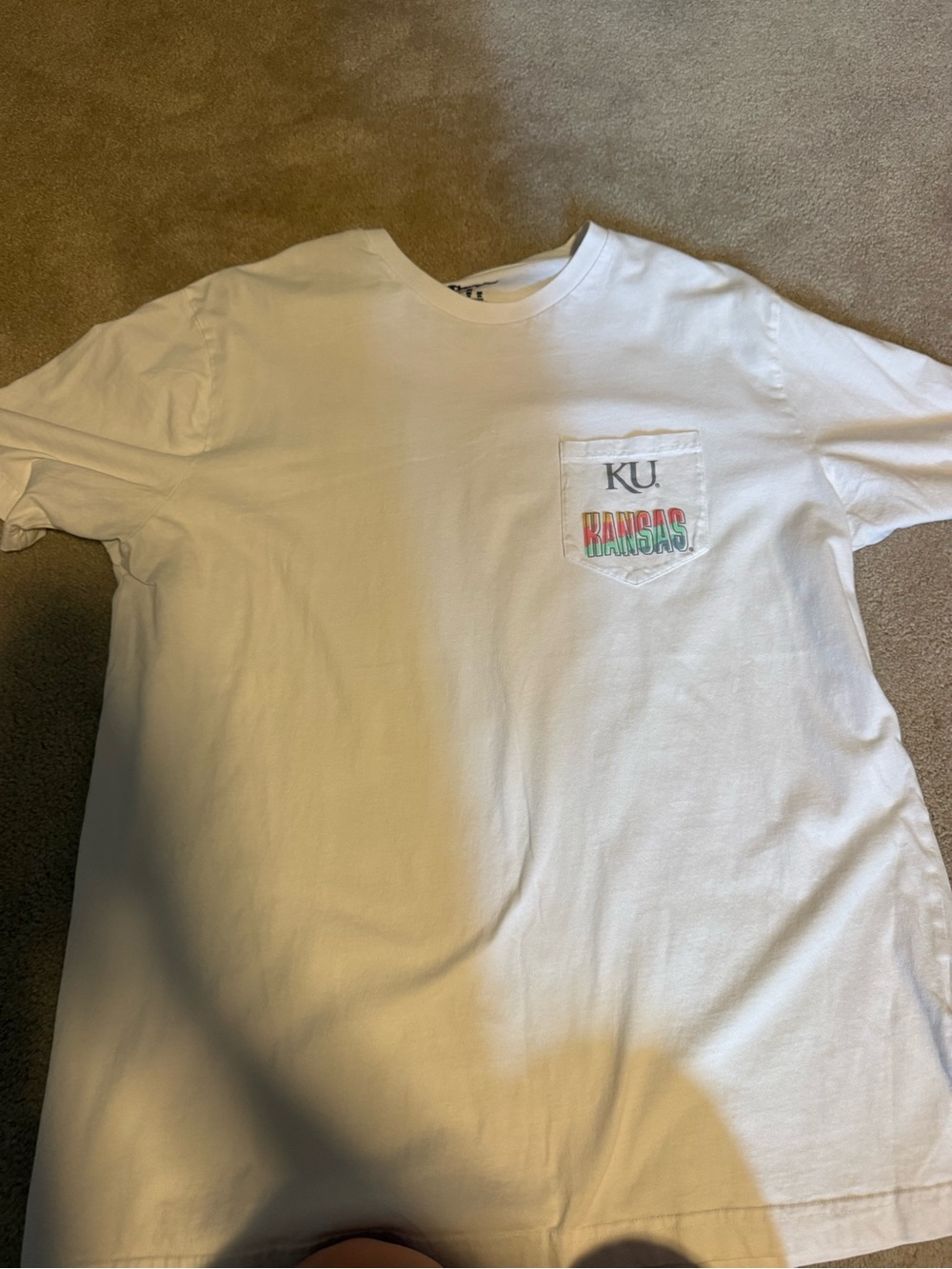 Champion White Pocket T‑Shirt with Multicolor KU Kansas Logo